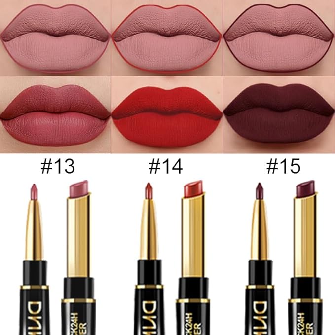 BINGBRUSH 3Pcs Double Ended Mauve Ruby Deep Red Matte Lip Liner and Lipstick Makeup Combo Set for Women, Lipliner 24 Hours Original Waterproof Long Lasting Lip Stains Pencil Kit Set