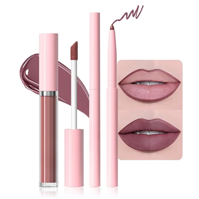 AMY'S DIARY 2pcs Matte Purple Red Lip Liner & Lipstick Makeup Set, Liquid Lipstick 24H and Lip Liner Set Matt Liquid Lips Make Up Waterproof Long Lasting (08#, 2 Pcs Set)