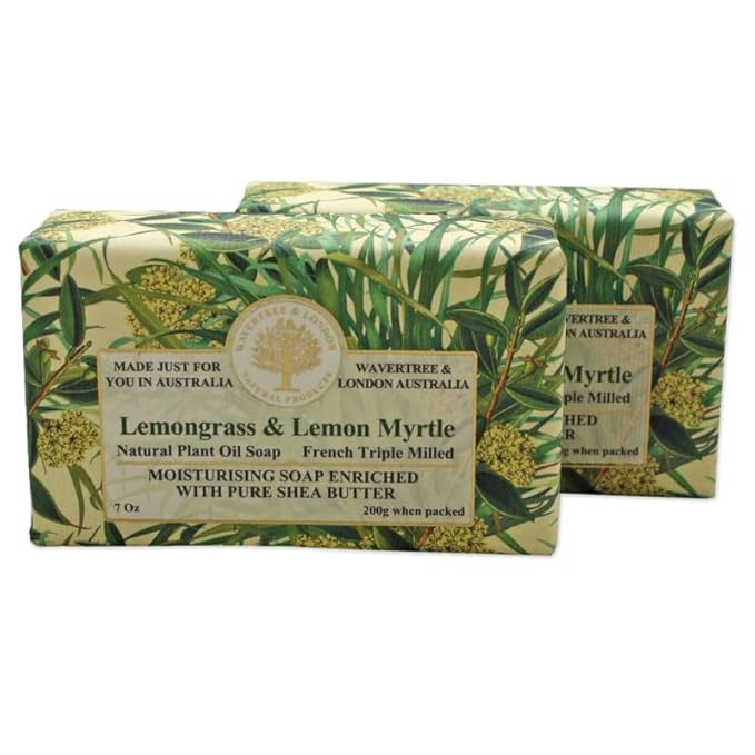 Wavertree & London Lemongrass & Lemon Myrtle Scented Natural Soap (2 Bars), 7oz Moisturizing French Triple Milled Soap Bars enriched with shea butter - Pure Plant Oil Bath & Body Soap Bars