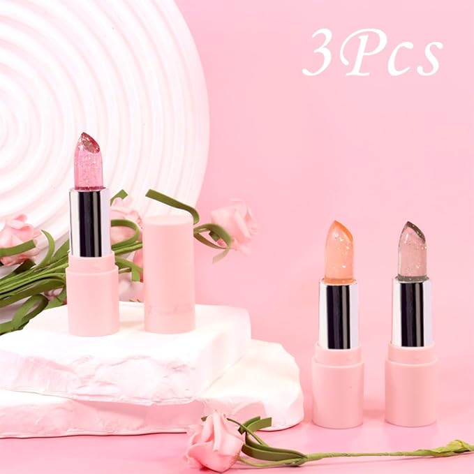 BINGBRUSH 3Pcs Ph Lipstick Color Changing,Crystal Jelly Gold Leaf Clear Mood Long Lasting Labiales Lip Care Moisturizer Lip Balm Korean Magic Lip Gloss 24 Hours Lip Tinted Stain Makeup Set for Women