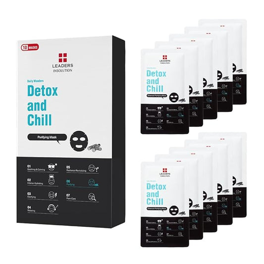 Leaders Insolution Daily Wonders Detox and Chill Facial Mask Sheet Activated Charcoal Purifying Pore Minimizing Exfoliating Dead Skin Korean Skincare (10 Sheets)