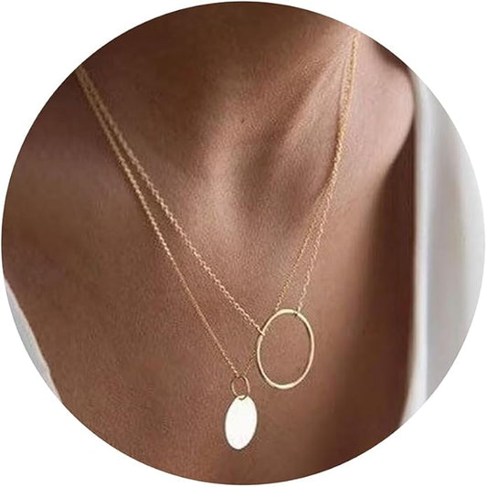 Dainty Gold Heart Necklace for Women - 14K Gold/Silver Plated Cute Heart Handmade Disc Circle Bee Choker Adjustable Necklace for Women Trendy Jewelry