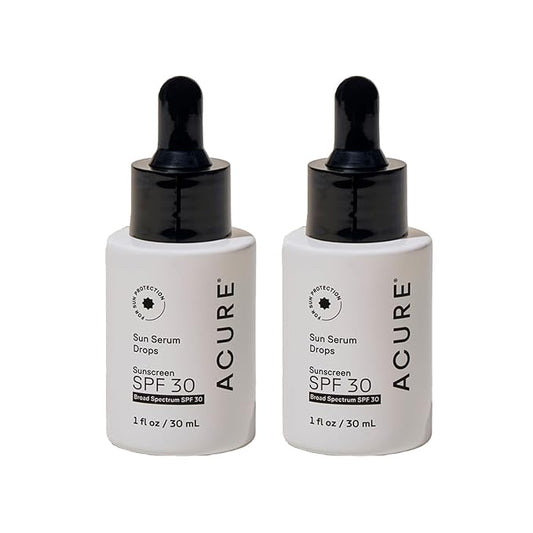 Acure Sun Serum Drops SPF 30 - Hydrating Sunscreen Serum with Broad-Spectrum Protection, Skincare for Beauty Glow, Light & Sheer UV Shield, Use with Makeup, Travel Size - 1 fl oz (2 Pack)