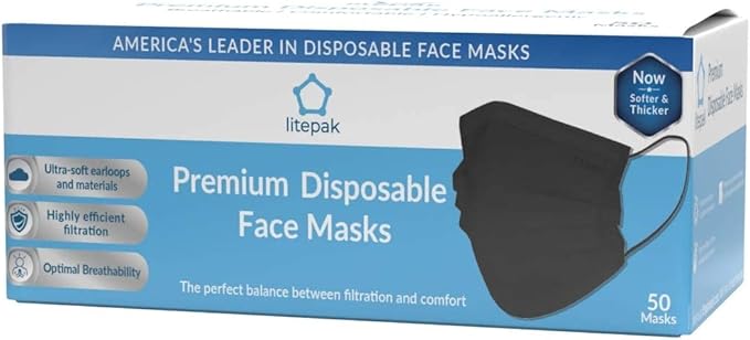 Litepak 2000pcs Disposable Face Masks Black 3-Ply Adult Mask Nose Wire Protection - Breathable Protective Face Covering