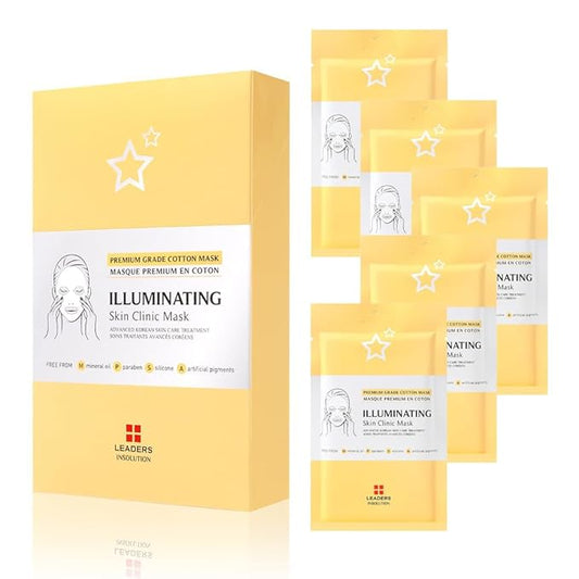 Leaders Insolution Illuminating Skin Clinic Mask | Omega-3 & Purslane Extract for Radiant Glow | Niacinamide Brightening Treatment | Even Skin Tone | 100% Natural Cotton (5 Sheets)
