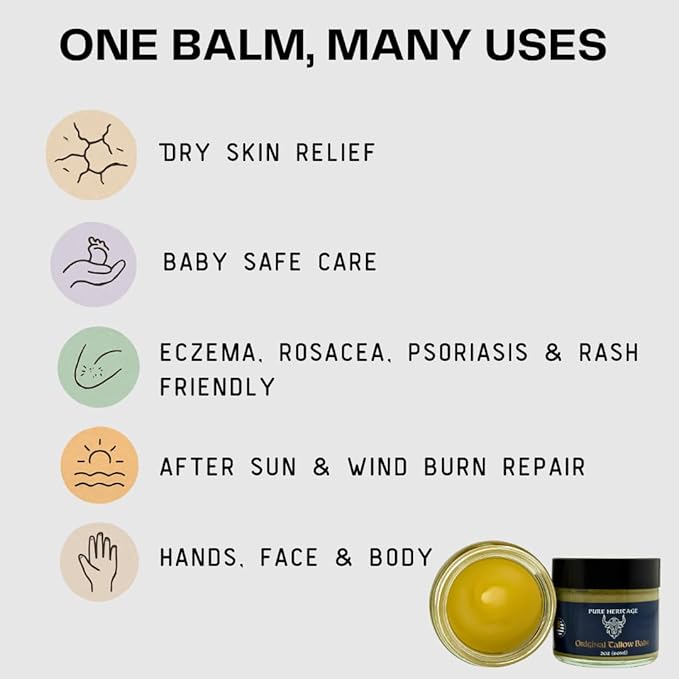 Pure Heritage Handmade Tallow Balm – Grass-Fed & Finished Moisturizer & Healing Cream with Frankincense & Cedarwood | Natural Care for Sensitive Skin, Eczema, Rosacea, Babies, Men & Women (2oz)