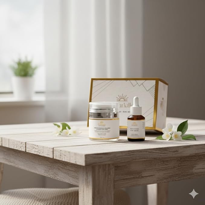 "SOLARIELLE Anti-Aging Skincare Set | Hyaluronic Acid Serum & Collagen Cream | Face & Neck Duo for Wrinkle Reduction | Natural Peptide Formula"