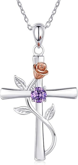 Cross Necklace for Women, 925 Sterling Silver Birthstone Necklace for Women with Rose Flower Birthstone Womens Jewelry Birthday Gifts for Wife Women