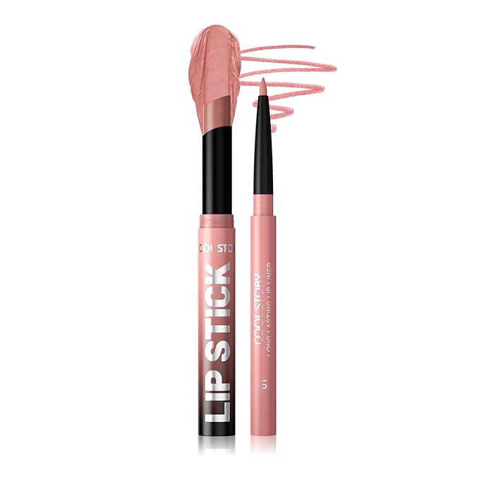 COOL STORY 2 Piece Lip Liner and Lipstick Set, Long Lasting Formula, Professional Makeup Kit (01)