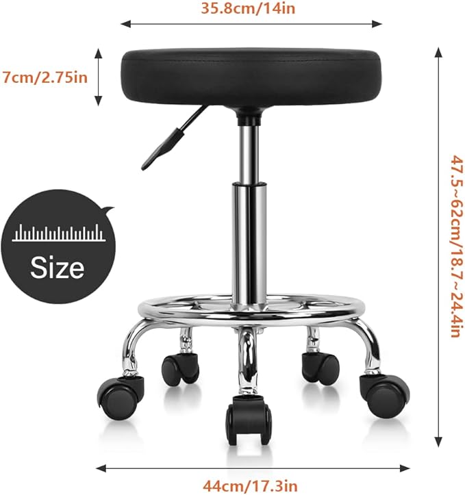 KKTONER PU Leather Round Rolling Stool with Foot Rest Swivel Height Adjustment Spa Drafting Salon Tattoo Work Office Massage Stools Task Chair Cushion 14 inches (Black)
