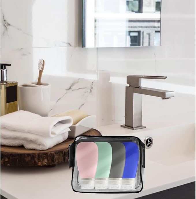 Travel Bottles for Toiletries, TSA Approved 3oz Leak Proof Silicone Refillable Squeeze Travel Size Containers BPA Free for Cleansers, Lotions, Shampoo 4pk-With Bag (P,G,Blk,BL)