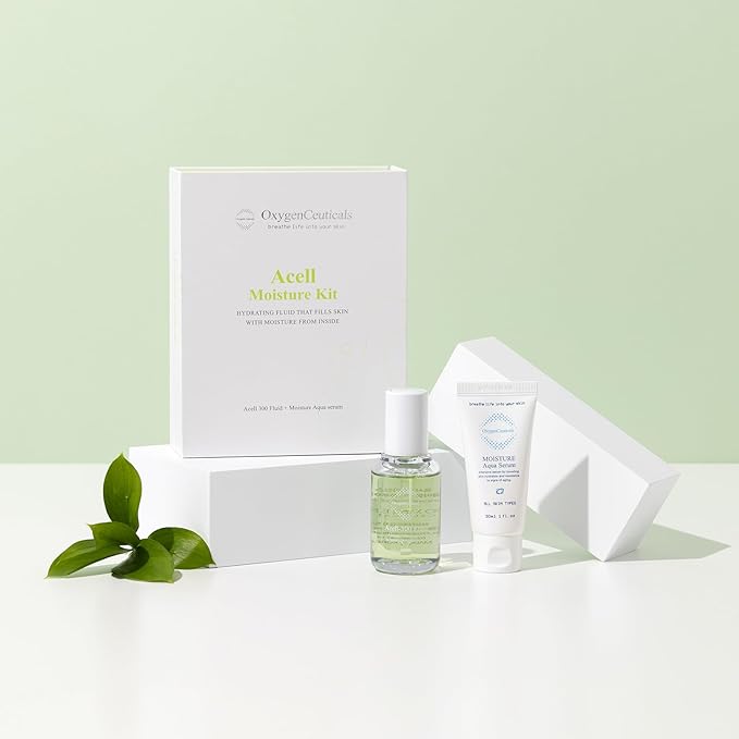 OxygenCeuticals Acell Moisture Kit – Acell-300 Fluid 30ml + Moisture Aqua Serum 30ml, Lightweight Hydrating Ampoule & Serum Duo for Moisture Balance & Sensitive Skin
