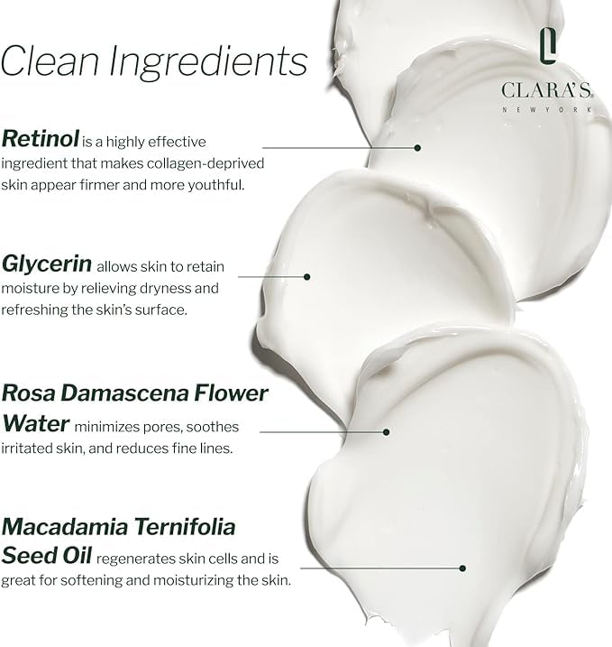 CLARA'S NEW YORK Youth Renewal Retinol (Vitamin A) Facial Cream for Anti-aging, Reducing wrinkles - Rich, Non-sticky, Fast-absorbing Formula, 50ml MADE IN USA