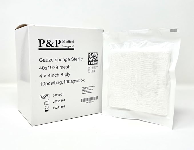 Gauze Surgical Sponges Cotton STERILE Woven 8-ply High Grade Quality 4"x4" Class I(a) All Purpose Pads by P&P MEDICAL SURGICAL Pack of 100