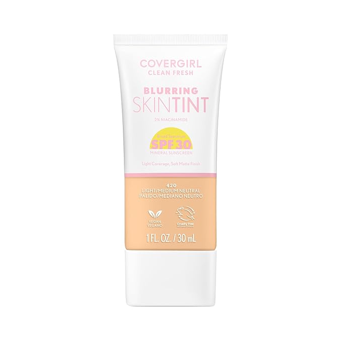COVERGIRL Clean Fresh Blurring Skin Tint with SPF 30, 420 Light/Medium Neutral, Liquid Foundation, Soft Matte Finish, Smooths, Brightens, Blurs Pores, Mineral Sunscreen, Vegan Formula