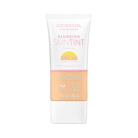 COVERGIRL Clean Fresh Blurring Skin Tint with SPF 30, 420 Light/Medium Neutral, Liquid Foundation, Soft Matte Finish, Smooths, Brightens, Blurs Pores, Mineral Sunscreen, Vegan Formula