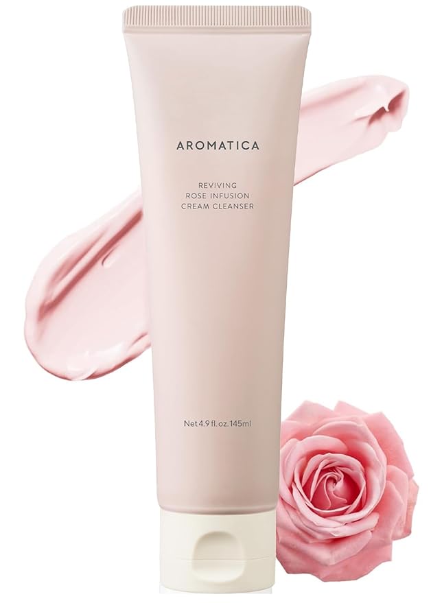 AROMATICA Reviving Rose Infusion Cream Cleanser 5.11oz /145g Double Cleanser, Hydrating Foaming cleanser for dry skin with Damask Rose Water and Rose Oil | Vegan, Cruelty Free