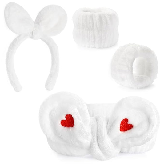 4Pack Headband and Wristband Set for Washing Face, Spa Skincare Makeup Headband, Soft Puffy Hair Band Bow Tie, for Women and Teen Girl Trendy Stuff Gifts