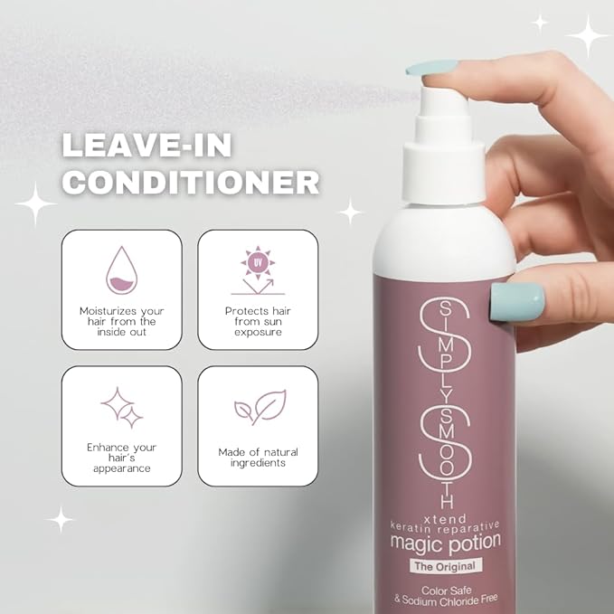 SIMPLY SMOOTH Keratin Reparative Magic Potion Original Leave In Conditioner Detangler & Heat Protection Styling Spray Repair & Reduce Breakage Color Safe & Sodium Chloride Free 16 Oz