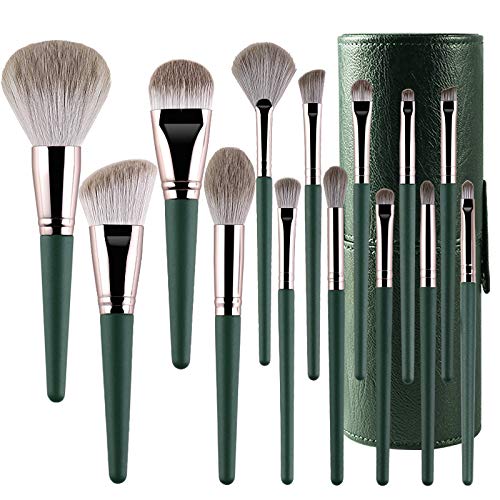 Professional Makeup Brush Set, 13 Pieces, Green Handle with Silver Ferrule, Travel Case Included