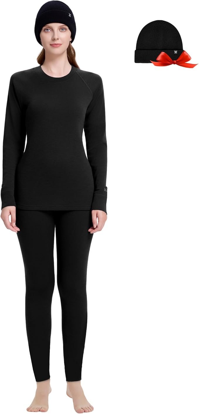 Women's 100% Merino Wool Base Layer Sets - Light and Midweight Thermal Underwear Gifts Pack with Wool Beanie