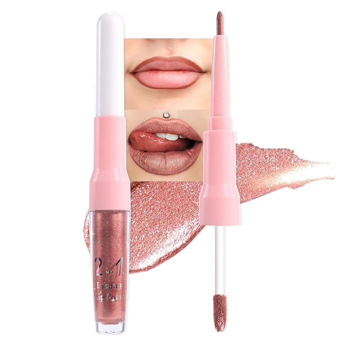 evpct Bronze Gold Metallic Glitter Lip Liner and Lipstick Combo Lip Gloss Stain Set Makeup for Women Long Lasting Waterproof 24, Rose Gold Metallic Shimmer Frosted Iridescent Glossy Liquid Lipstick 14