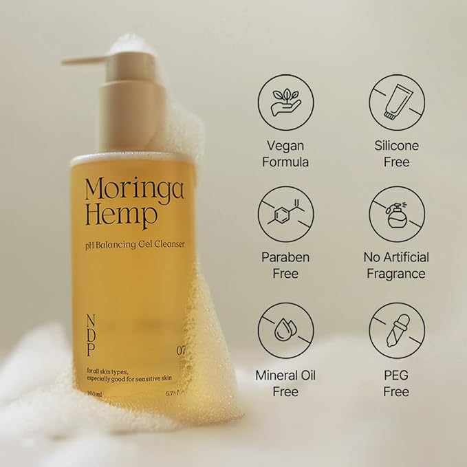 NDP Moringa Hemp Gel Cleanser, Gel-to-Foam, pH Balancing, Vegan, Non-Stripping, Hydrating Face Wash for Sensitive Skin – Fragrance-Free, Clean Beauty, Korean Skincare, 200ml / 6.76 fl oz