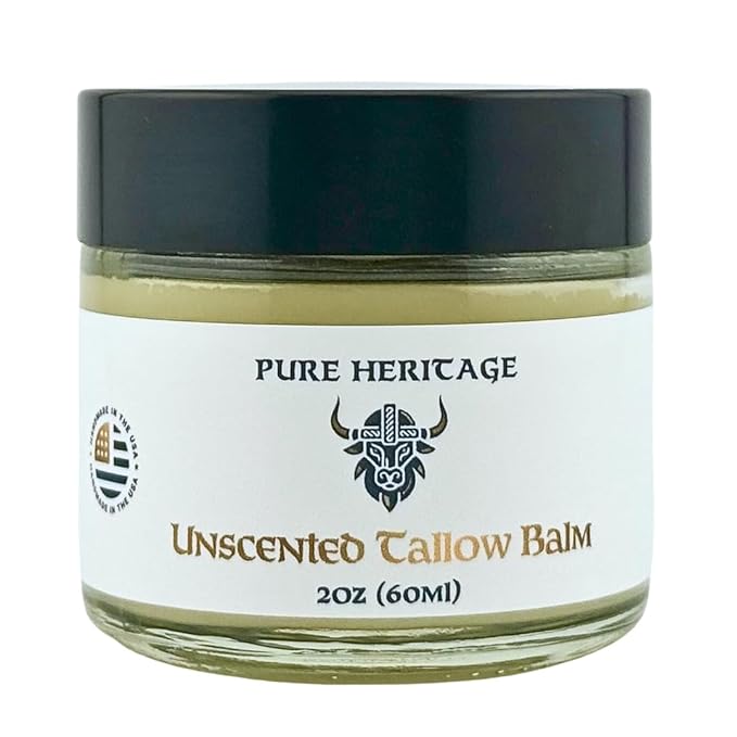 Pure Heritage Handmade Tallow Balm – Unscented Grass-Fed & Finished Moisturizer & Healing Cream | Natural Care for Sensitive Skin, Eczema, Rosacea, Babies, Men & Women (2oz)