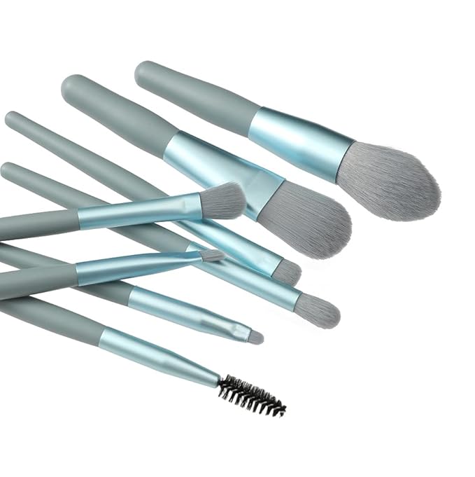 Travel Makeup Brush Set 7PCS Mini Size Premium Synthetic Fiber Foundation Blush Concealer Eyebrows Eye Shadow Angled brush Lip Make up Brush With Storage Bag (Dusty Blue)