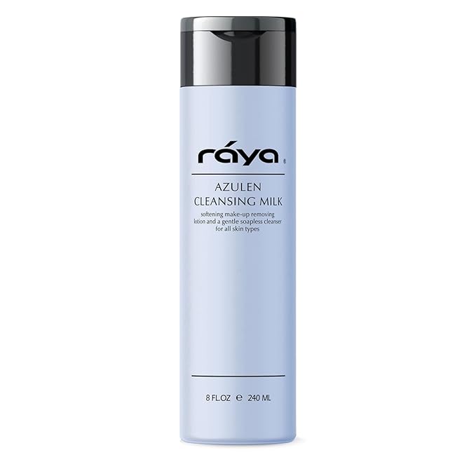 Raya Azulen Facial Cleansing Milk 8 oz (150) | Calming and Refining, Soap-Free Fluid Cleanser and Make-Up Removing Lotion | Made with Azulene Extract and Aloe Vera | Great for Sensitive Skin