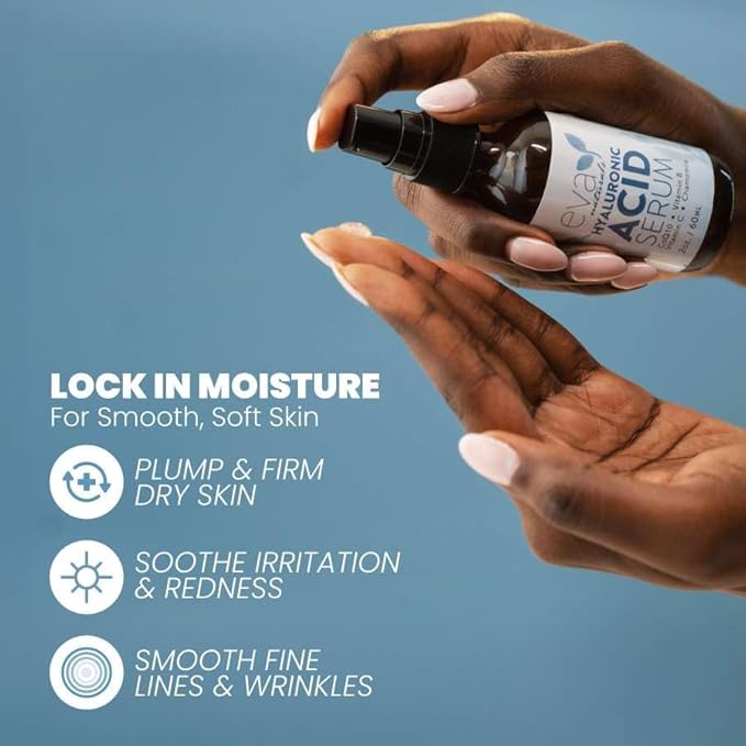 Eva Naturals Hyaluronic Acid Serum for Face – Pure Facial Gel with Natural Moisturizing Factors + HA – Anti-Aging Face Serum for Wrinkles, Fine Lines, Dry Skin, Lifted Glow – 2 oz