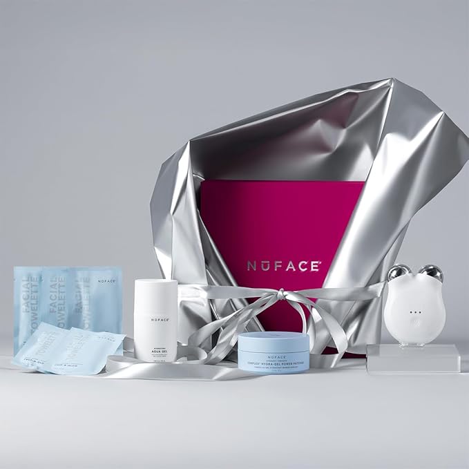 NuFACE MINI+ Microcurrent Facial Device Ultimate Uplift Holiday Kit - Brilliant White Sculpting Device with Aqua Gel, Power Patches, Prep-N-Glow Skin Care Wipes & Luxe Gift Box (4 Count)