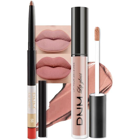 2Pcs Nude Pink Matte Lip Liner and Lipstick Makeup Set, natural nudes Lip Stain Lip Gloss Matt Liquid Lipstick 24H Long Lasting lapiz labiales mate 24 horas originales larga duracion (Nude 56#)