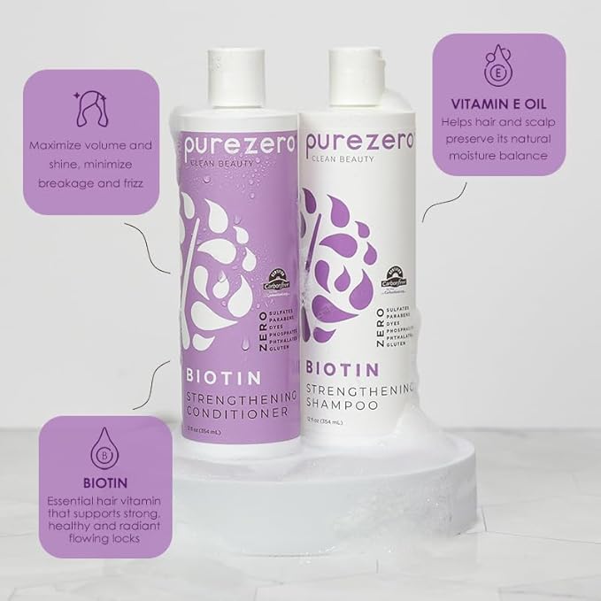 Purezero Biotin Shampoo & Conditioner set - Anti Thinning Formula - Volumizing, Thicker, Fuller Hair - Zero Sulfates, Parabens, Dyes, Gluten - 100% Vegan & Cruelty Free - Great For Color Treated Hair