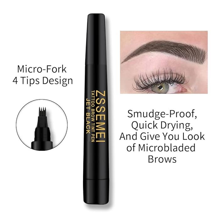 Waterproof Eyebrow Pen - Microblading Tattoo Brow Pencil, 24 Hours Long Lasting, Creates Natural Looking (Jet Black - 2 PCS)