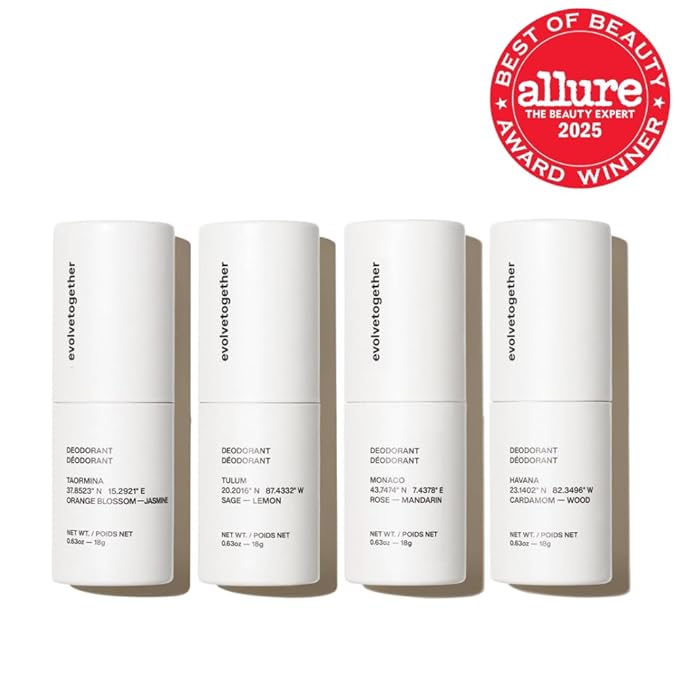 evolvetogether Aluminum Free Natural Deodorant for Women & Men | 4 Pack Travel Set | Neutralizes Odors, Soothes Skin | Vegan, Cruelty-Free, Baking Soda Free | Made in USA (Discovery)
