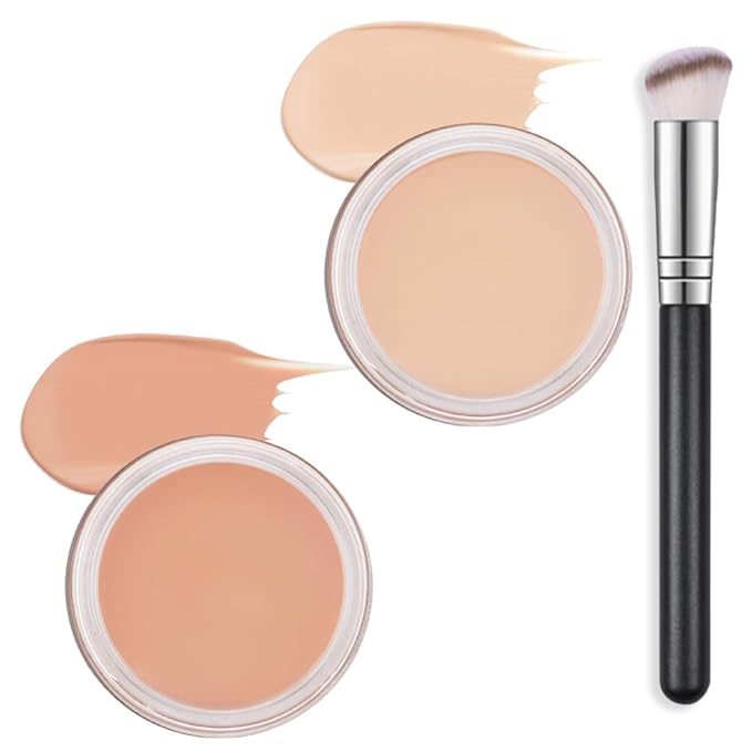 Kaely 2Pcs Pot Concealer Full Coverage Set, Under Eye Brightener Color Correcting Concealer for Dark Circles, Waterproof Foundation Face Makeup Brush Kit, Eye Ring Corrector de ojeras, 02+03