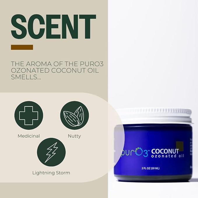 PurO3 Ozonated Coconut Oil – Pure, Natural, Organic Skincare for Face & Body – Oxygenated Healing Lotion, Moisturizer & Beauty Cream in a Glass Jar – O3 Therapy Salve, 2 oz