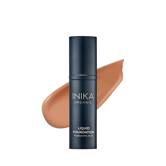 INIKA Organic Full Coverage Liquid Foundation Makeup with Hyaluronic Acid and Argan Oil, Vegan and Organic Foundation for Skin Elasticity and Plumpness, Natural Coverage, Tan, 30ml