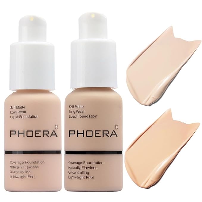 2 Pack PHOERA Foundation 101- Porcelain and102- Nude, Full Coverage Flawless Soft Matte 24 HR Oil Control Waterproof Concealer Makeup.