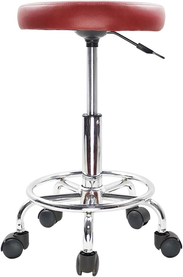 KKTONER PU Leather Round Rolling Stool with Foot Rest Swivel Height Adjustment Spa Drafting Salon Tattoo Work Office Massage Stools Task Chair Cushion 14 inches (Red)