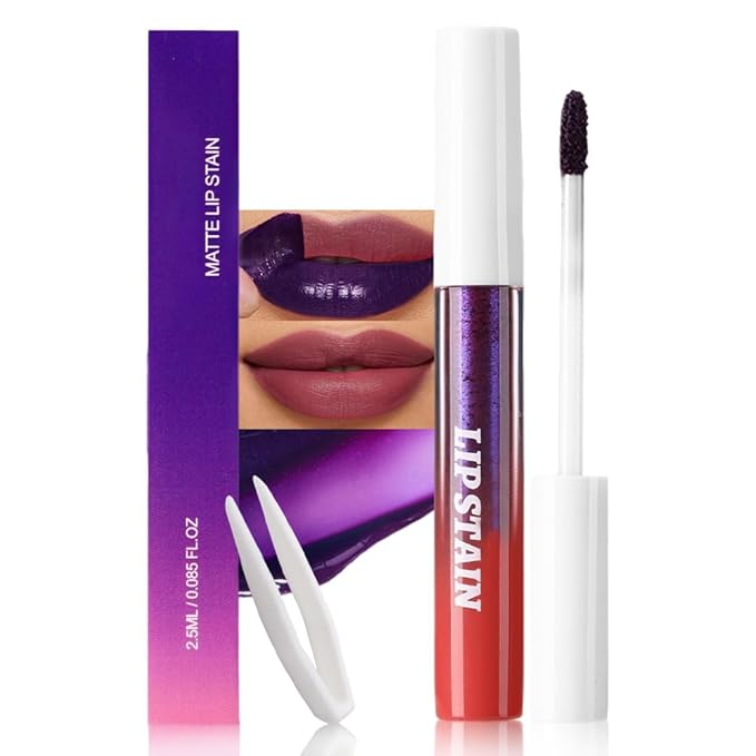 Matte Liquid Lip Stain Peel Off Lip liner Tattoo with Tweezer, Maroon Red Liquid Lipstick Lipstain Long Lasting Waterproof for Women, Highly Pigmented Not Faded Smudge-proof Easy to Apply, 01