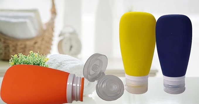 Travel Bottles for Toiletries, TSA Approved 3oz Leak Proof Silicone Refillable Squeeze Travel Size Containers BPA Free for Cleansers, Lotions, Shampoo 3pk (Orange-Blue-Yellow).