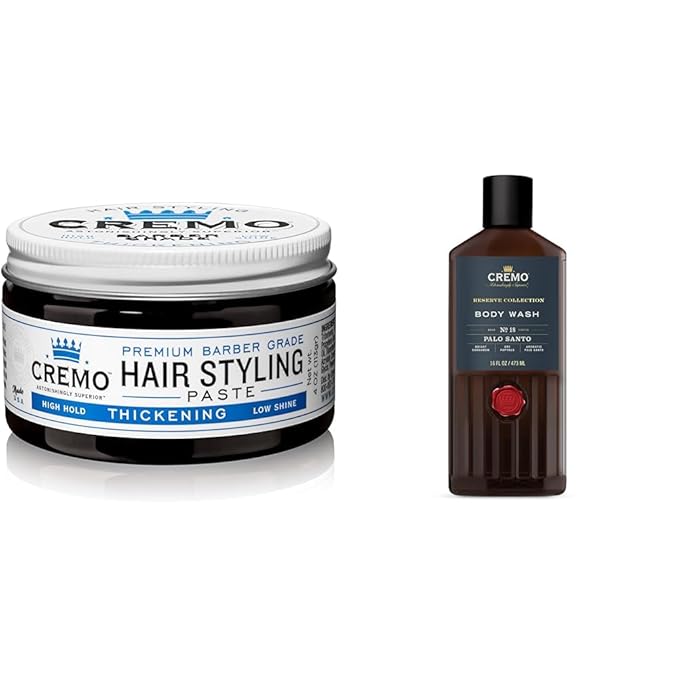 Cremo Barber Grade Hair Styling Thickening Paste and Palo Santo Body Wash Bundle, 4 Oz and 16 Fl Oz