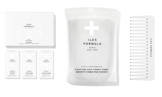 Iles Formula Limited Travel Edition Hair Care Set with Mini Shampoo, Conditioner, Finishing Serum, Comb, & Absorbent Turban Hair Towel, Travel-Friendly