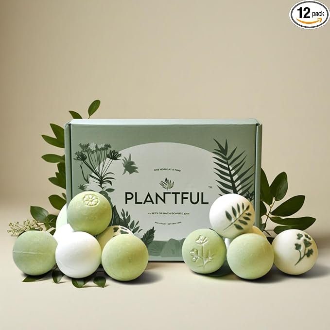 Plantful™ Organic Handmade Bath Bombs for Women, 12 Gift Sets, Large, Shea Butter Moisturizing, Essential Oils, Bubble Bath for Kids, Perfect Gifts for Women Men, Safe Bath Bombs for Kids