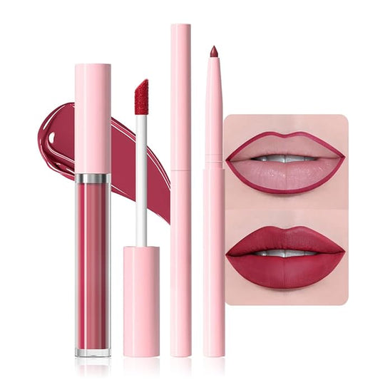 AMY'S DIARY 2pcs Matte Red Lip Liner & Lipstick Makeup Set, Liquid Lipstick 24H and Lip Liner Set Matt Liquid Lips Make Up Waterproof Long Lasting (07#, 2 Pcs Set)