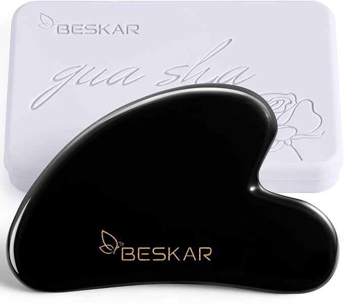 BESKAR Gua Sha Facial Tools, Natural Jade Stone Guasha Massager for Jawline Sculpting, Tighten Face Skin and Reduce Wrinkles, Face Eyes Body Neck Massage Tool, Skin Care Gift (Black)