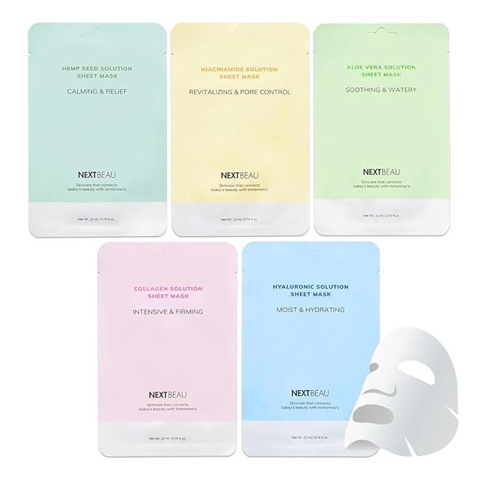 [PACK OF 20 Solution Sheet Mask Pack 5types x 4pc Aloe, Niacinamide, Collagen, Hemp seed, Hyaluronic Acid