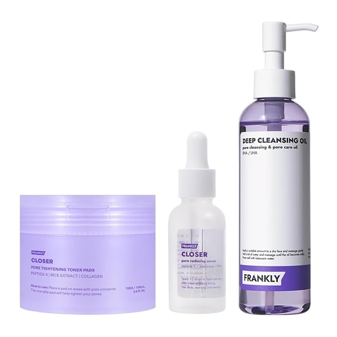 FRANKLY Pore Perfecting Set : Closer Serum, Toner Pads & Cleansing Oil | Deep Cleansing, Hydration, Pore Refining | For Sensitive, Oily & Acne-Prone Skin | Vegan | glass skin korean skincare set